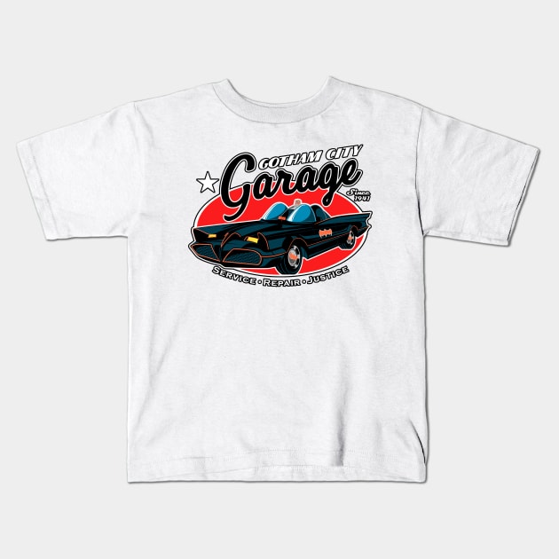 Gotham Garage (Alt Print) Kids T-Shirt by Nerdology